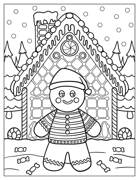 Usando um gorro de Pai Natal, o boneco surge junto a uma casa coberta de neve e doces.