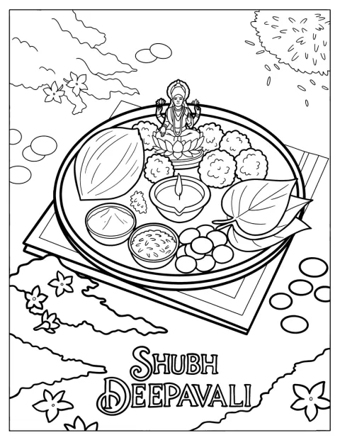 Um tabuleiro para a puja de Lakshmi contém moedas, arroz e kumkum.