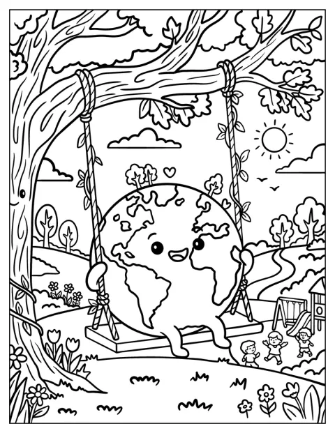 A Föld egy faágra erősített hintán ül a napos parkban.