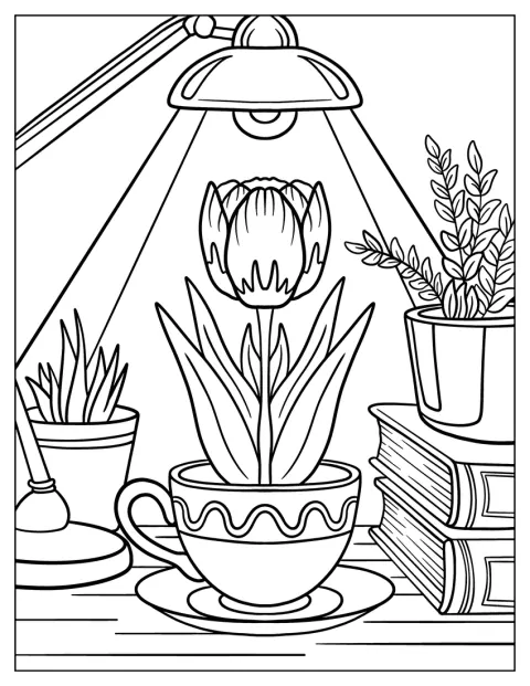 Un tulipán solitario crece en una taza junto a una lámpara, libros y plantas en maceta.