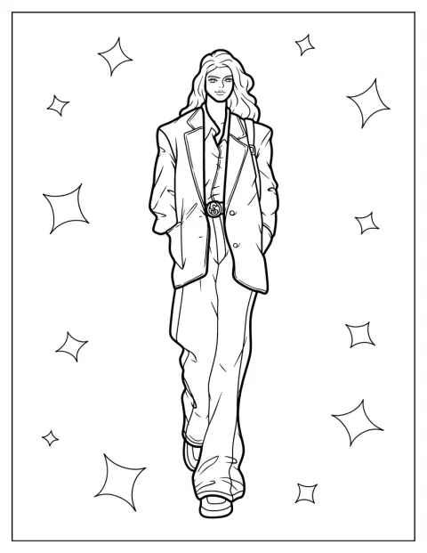 Une femme pose dans un blazer oversize et un pantalon taille haute.