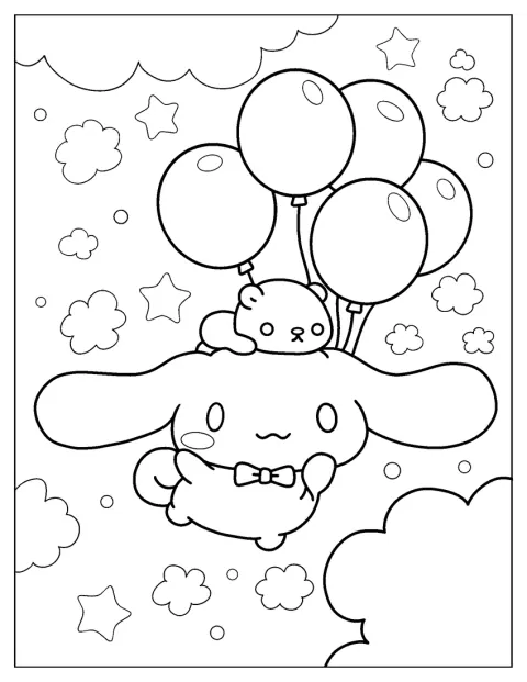 Met ballonnen zweeft Cinnamoroll vrolijk door de lucht.