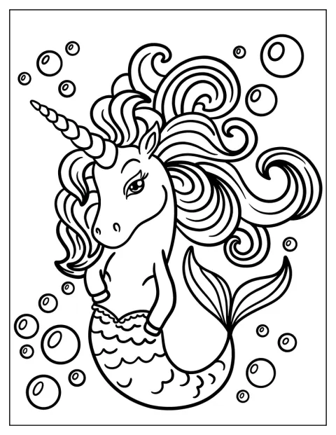 Una sirena unicorno nuota sott’acqua con la criniera fluente.
