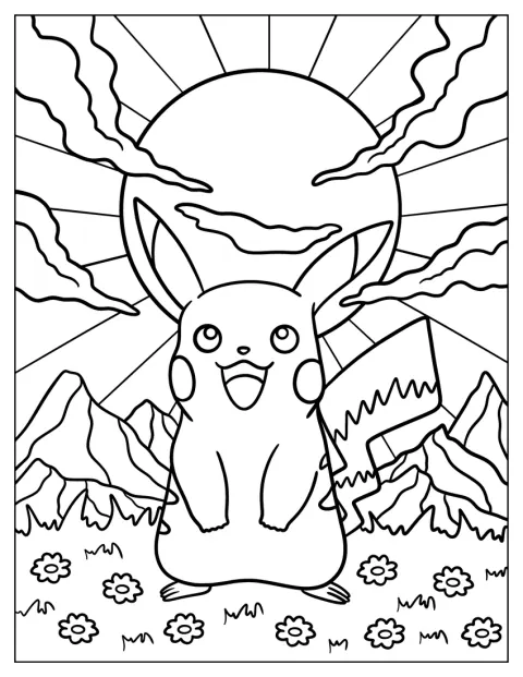 Pikachu está de pie bajo un sol radiante.