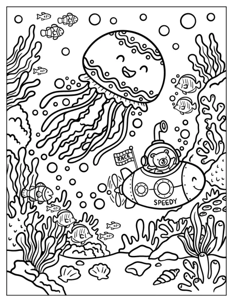 Um urso explorador observa uma medusa gigante a partir do seu submarino.