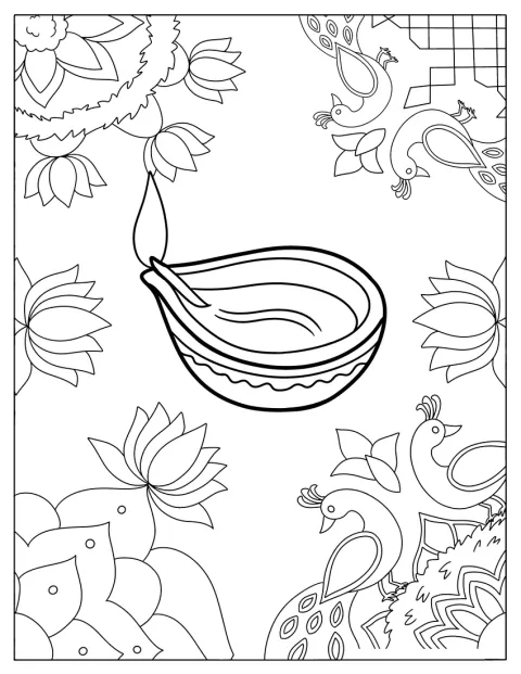 Um diya brilha diante de padrões de rangoli.