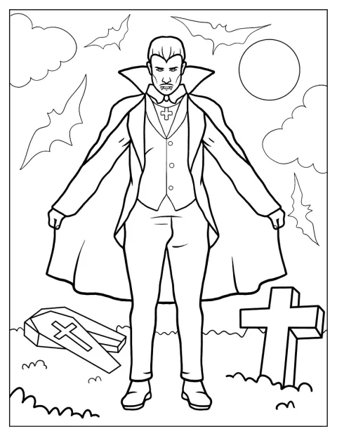 En vampyr står framför en kista med fladdermöss i bakgrunden.