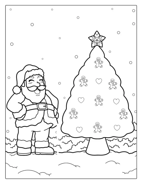 En munter julenisse står ved siden av et pyntet juletre.