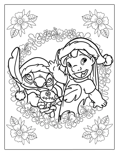 Lilo e Stitch celebram o Natal rodeados por elementos festivos.