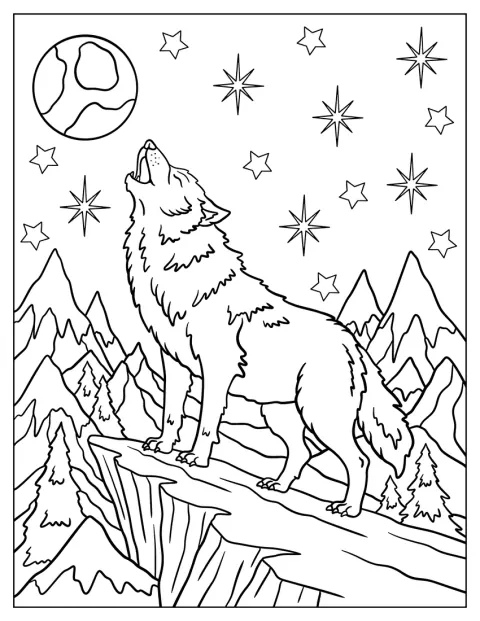 Um lobo-árctico uiva sob um céu estrelado.