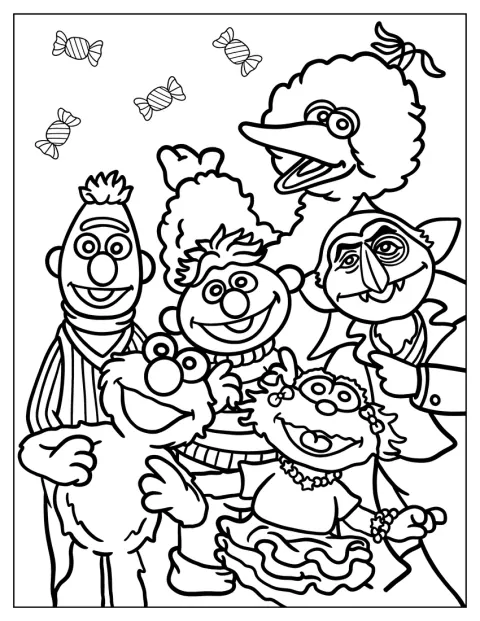 Bert, Elmo, Big Bird, Zoe, Ernie og Greven står sammen.