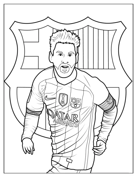 Lionel Messi står foran FC Barcelonas logo.