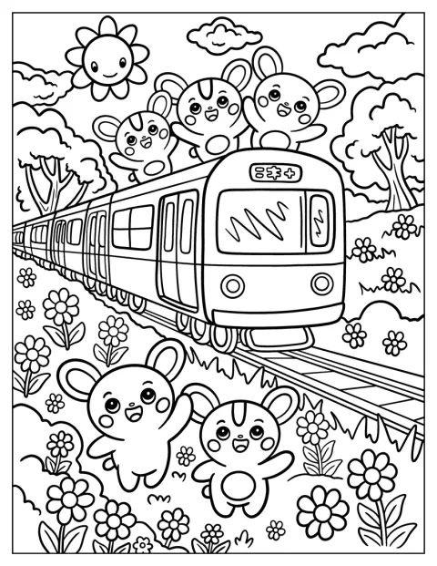 Conejos y osos viajan en un tren de dibujos animados por un bosque.