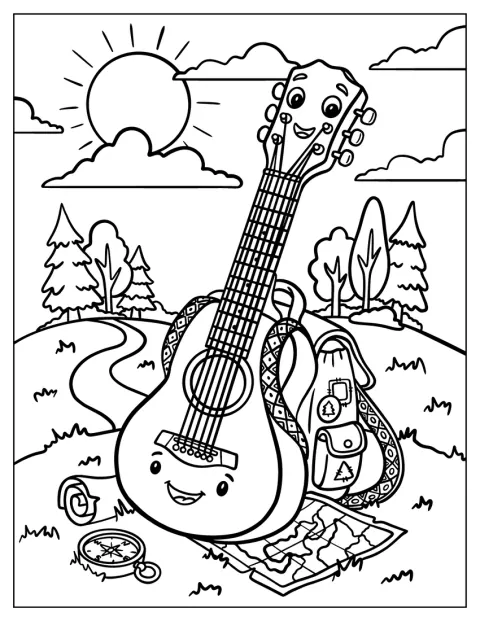 En gitarr står vid en campingplats i en fridfull naturmiljö.