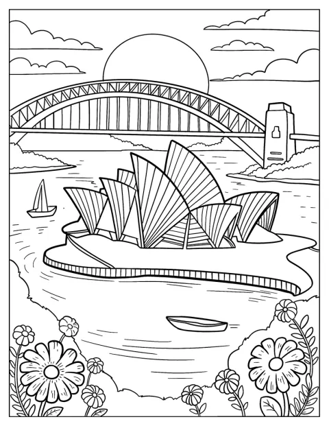 Bărcile plutesc în portul din Sydney, lângă Opera și podul Harbour Bridge.