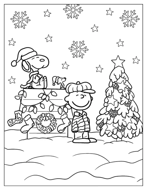Charlie Brown a Snoopy stojí vedle vánočního stromku.