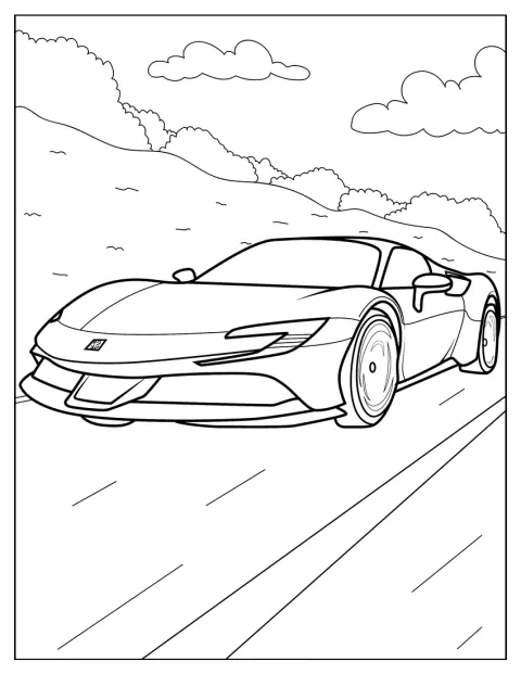 Ferrari SF90 pokazano w dynamicznej, sportowej pozie.