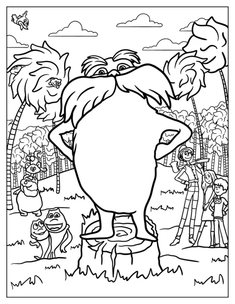 Der Lorax steht im Truffula-Wald zwischen den auffälligen Bäumen.