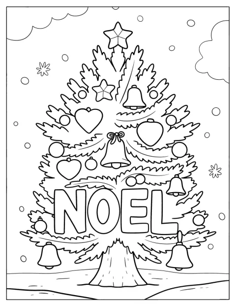 Der Schriftzug „Noel“ steht neben einem Weihnachtsbaum.