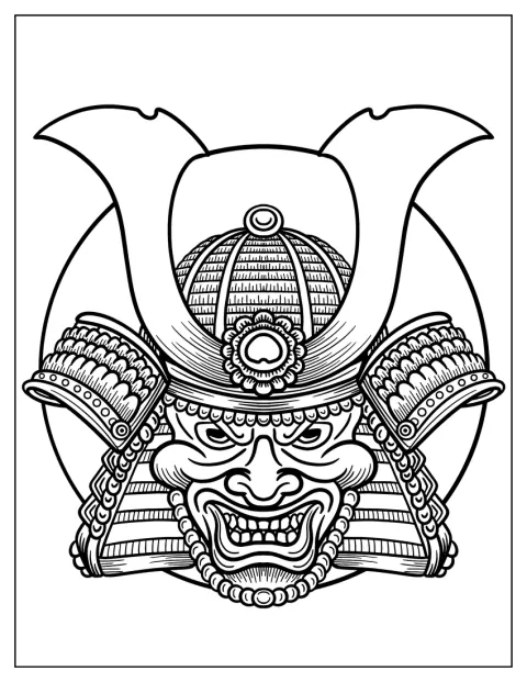 En detaljeret mempo-maske med et barskt samuraiansigt.