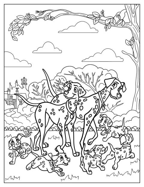 Pongo og Perdita er ute i parken med valpene sine.