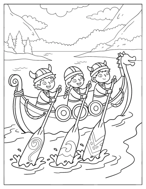 Unge vikinger padler et langskip nedover elva.