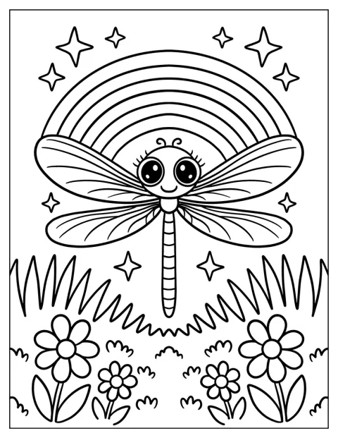 Una pequeña libélula revolotea sobre un campo de flores con destellos y un arcoíris.
