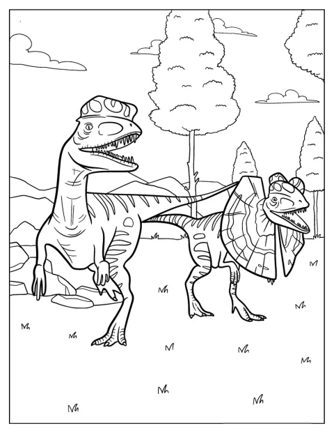 Egy tarajos Dilophosaurus és egy galléros társa együtt vadászik.