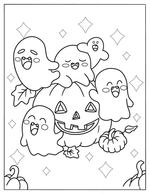 Kawaii Ghosts With Fangs Hanging Around A Jack O Lantern