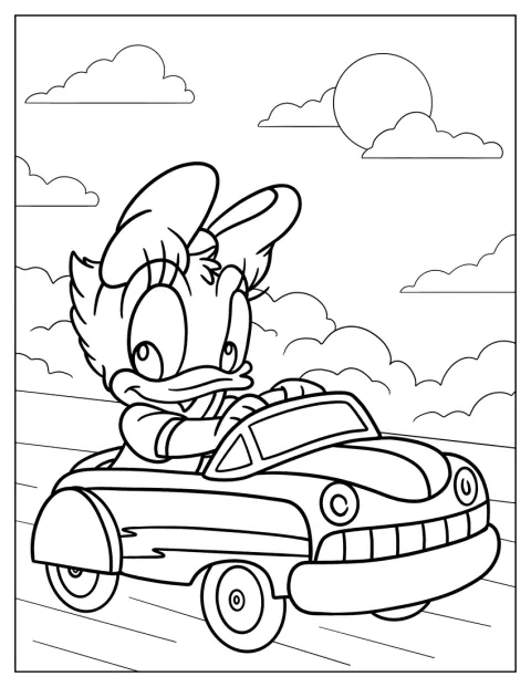 Daisy Duck, em estilo chibi, conduz um carro.