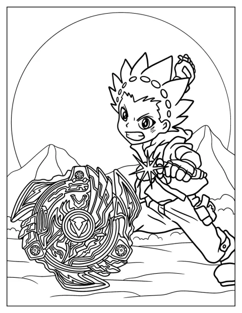 Valt Aoi lance son Beyblade Valtryek dans une pose énergique.
