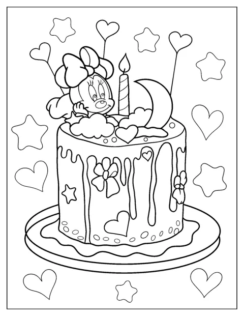 En bursdagskake er pyntet med Minnie Mus.