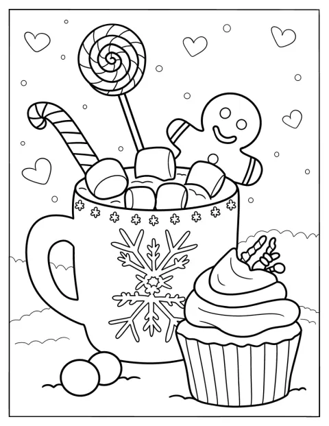 Un bonhomme en pain d’épices, une sucette et un sucre d’orge accompagnent un cupcake et un chocolat chaud.