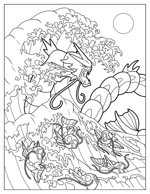 Gyarados și Magikarp înoată printre valurile inspirate de Marele Val japonez al lui Hokusai.