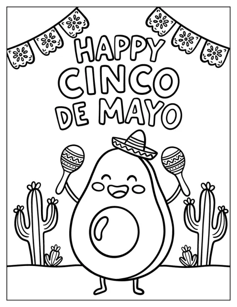 Un aguacate sonriente toca las maracas durante el Cinco de Mayo.