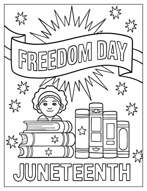 Un bambino festeggia il Giorno della Libertà accanto a pile di libri.