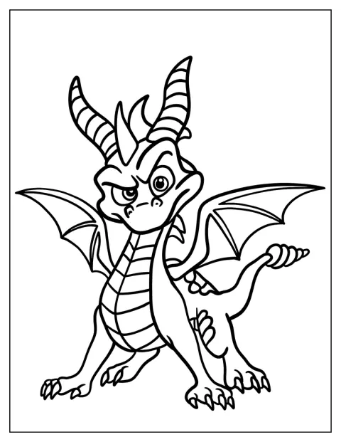 Spyro privește curios înainte, cu coarnele și aripile conturate.