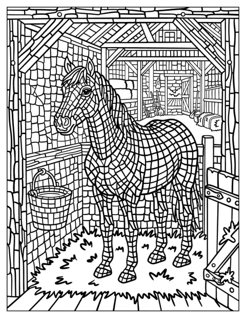 Koń stoi w drewnianej stajni, a jego sylwetka składa się z mozaikowych wzorów.
