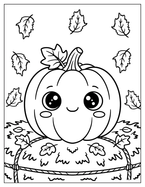 Una zucca kawaii riposa sopra un letto di foglie.