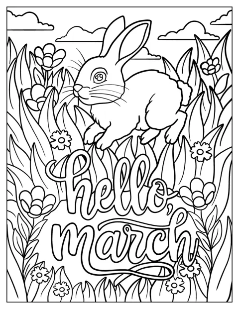 En sød kanin hopper over ordene »Hello March«.
