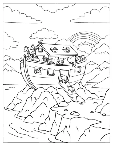 Dyrene går ud af Noahs ark, efter at oversvømmelsen er ovre.