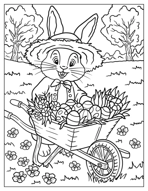 Le lapin pousse une brouette chargée d’œufs et de fleurs.