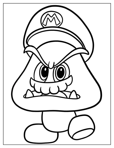 Un Goomba porte un chapeau et une moustache.