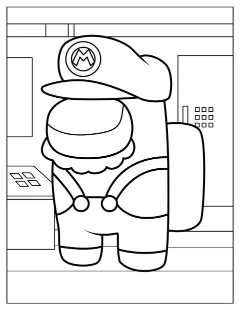 Een crewmate draagt een outfit van Super Mario.