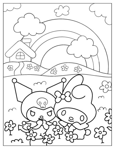 My Melody e Kuromi encontram-se num campo florido.