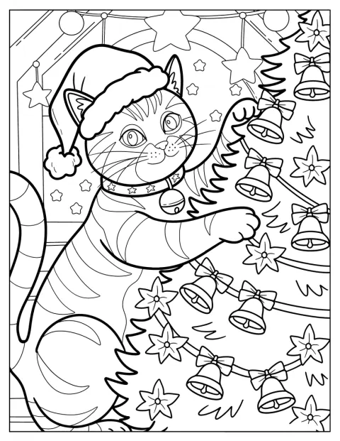 Un gato travieso trepa por el árbol navideño entre campanillas.