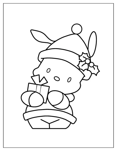 Pochacco usa um gorro de Pai Natal e segura um presente de Natal.