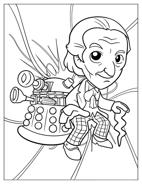 El Duodécimo Doctor, dibujado en estilo kawaii, posa junto a un Dalek dorado.