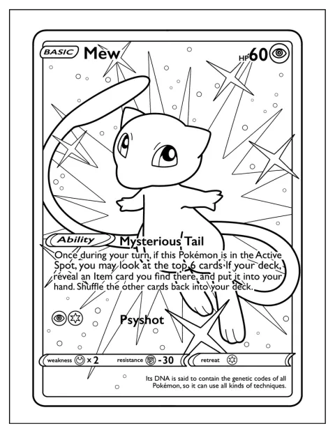 Na karcie Pokémon Mew prezentuje swój długi, tajemniczy ogon.