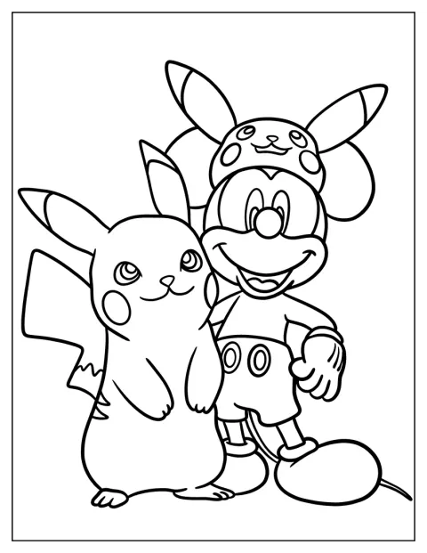 Pikachu stoi obok Myszki Miki w prostej scenie.